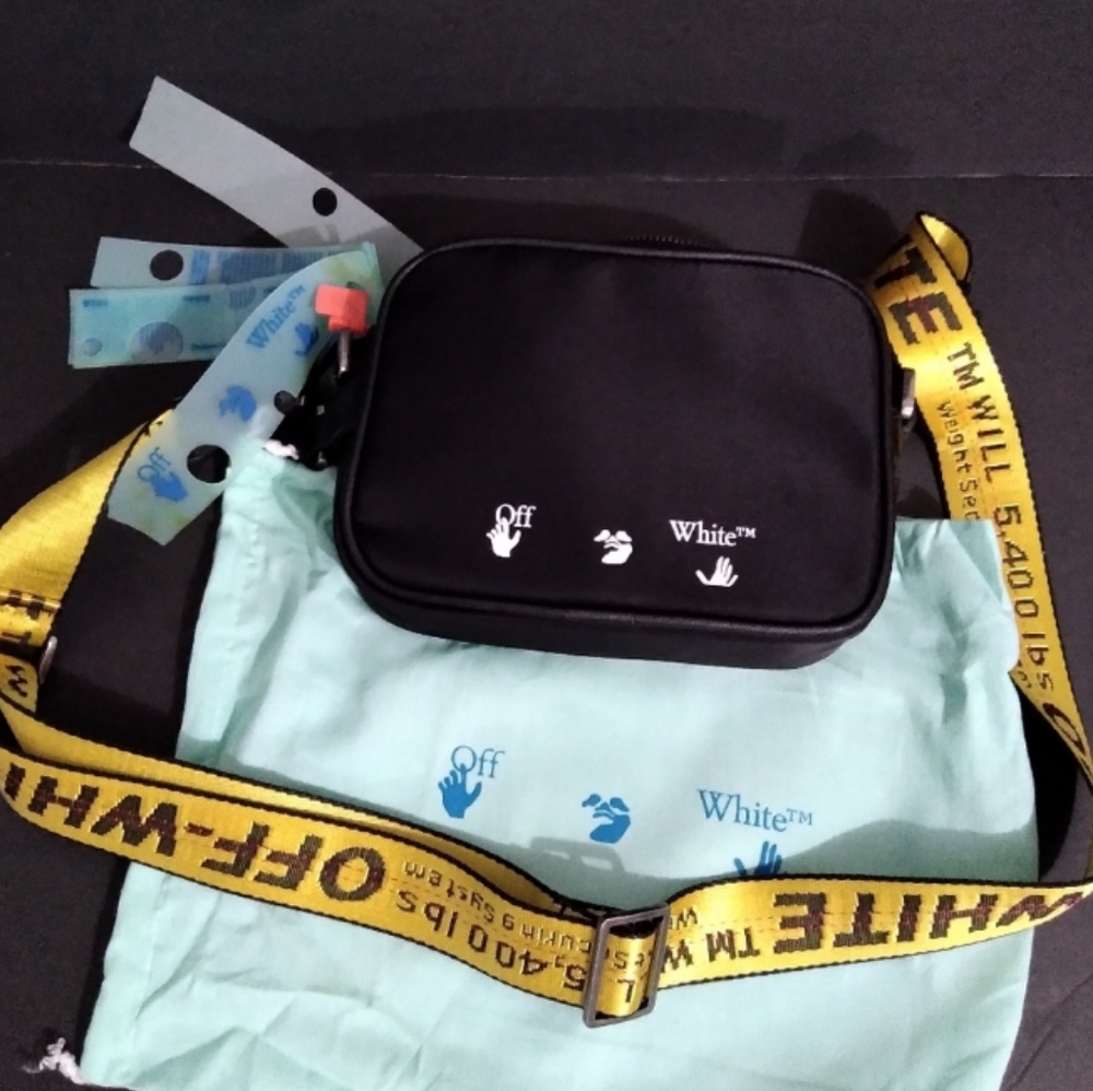 Off-White Crossbody Bag Black Purse w/ Yellow Industrial Belt